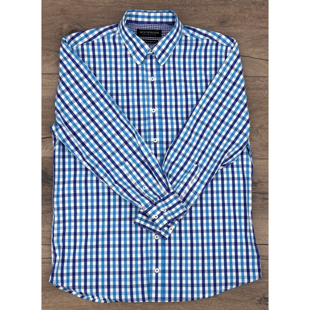 Nick Graham Men's Large Blue White Gingham Check Stretch Modern Fit Dress Shirt